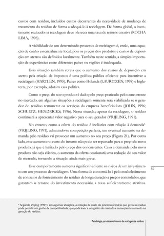 59
Metodologia para desenvolvimento de reciclagem de resíduos
custos com resíduo, incluídos custos decorrentes da necessidade de mudança de
tratamento do resíduo de forma a adequá-lo à reciclagem. De forma global, o inves-
timento realizado na reciclagem deve oferecer uma taxa de retorno atrativa (ROCHA
LIMA, 1996).
A viabilidade de um determinado processo de reciclagem é, então, uma equa-
ção de cunho essencialmente local, pois os preços dos produtos e custos de deposi-
ção em aterros são definidos localmente. Também neste sentido, a simples importa-
ção de experiências entre diferentes países ou regiões é inadequada.
Essa situação também revela que o aumento dos custos de deposição em
aterro pela criação de impostos é uma política pública eficiente para incentivar a
reciclagem (HARTLEN, 1995). Países como Holanda (LAURITZEN, 1998) e Ingla-
terra, por exemplo, adotam essa política.
Como o preço do novo produto é dado pelo preço praticado pelo concorrente
no mercado, em algumas situações a reciclagem somente será viabilizada se o gera-
dor do resíduo remunerar os serviços da empresa beneficiadora (JOHN, 1996;
SCHULTZ; HENDRICKS, 1996). Nesta situação, apesar da reciclagem, o resíduo
continuará a apresentar valor negativo para o seu gerador (VRIJLING, 1991).
No entanto, como a oferta do resíduo é inelástica com relação à demanda6
(VRIJLING, 1991), admitindo-se competição perfeita, um eventual aumento na de-
manda pelo resíduo vai provocar um aumento no seu preço (Figura 21). Por outro
lado, esse aumento no custo do insumo não pode ser repassado para o preço do novo
produto, já que é limitado pelo preço dos concorrentes. Caso a demanda pelo novo
produto não seja elástica, o aumento da oferta ocasionará uma redução do seu valor
de mercado, tornando a situação ainda mais grave.
Esse comportamento aumenta significativamente os riscos de um investimen-
to em um processo de reciclagem. Uma forma de contorná-lo é pelo estabelecimento
de contratos de fornecimento do resíduo de longa duração a preços controlados, que
garantam o retorno do investimento necessário a taxas suficientemente atrativas.
6
Segundo Vrijling (1991), em algumas situações, a redução de custo do processo primário que gerou o resíduo
pode permitir um ganho de competitividade, que pode levar a um ganho de mercado e conseqüente aumento na
geração do resíduo.
Metodologia para desenvolvimento de reciclagem de resíduos
 