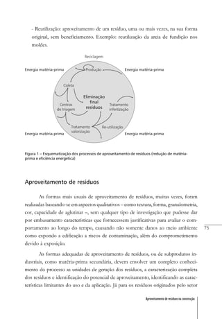 75
Aproveitamento de resíduos na construção
- Reutilização: aproveitamento de um resíduo, uma ou mais vezes, na sua forma
original, sem beneficiamento. Exemplo: reutilização da areia de fundição nos
moldes.
Figura 1 – Esquematização dos processos de aproveitamento de resíduos (redução de matéria-
prima e eficiência energética)
Aproveitamento de resíduos
As formas mais usuais de aproveitamento de resíduos, muitas vezes, foram
realizadas baseando-se em aspectos qualitativos – como textura, forma, granulometria,
cor, capacidade de aglutinar –, sem qualquer tipo de investigação que pudesse dar
por embasamento características que fornecessem justificativas para avaliar o com-
portamento ao longo do tempo, causando não somente danos ao meio ambiente
como expondo a edificação a riscos de contaminação, além do comprometimento
devido à exposição.
As formas adequadas de aproveitamento de resíduos, ou de subprodutos in-
dustriais, como matéria-prima secundária, devem envolver um completo conheci-
mento do processo as unidades de geração dos resíduos, a caracterização completa
dos resíduos e identificação do potencial de aproveitamento, identificando as carac-
terísticas limitantes do uso e da aplicação. Já para os resíduos originados pelo setor
 