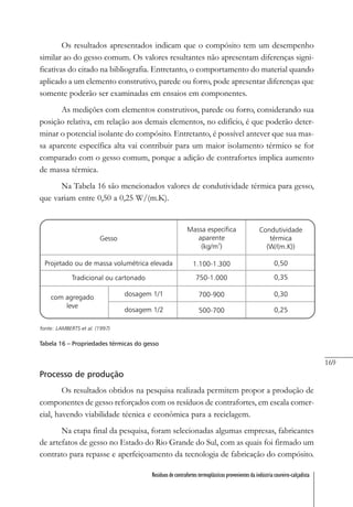 169
Resíduos de contrafortes termoplásticos provenientes da indústria coureiro-calçadista
Os resultados apresentados indicam que o compósito tem um desempenho
similar ao do gesso comum. Os valores resultantes não apresentam diferenças signi-
ficativas do citado na bibliografia. Entretanto, o comportamento do material quando
aplicado a um elemento construtivo, parede ou forro, pode apresentar diferenças que
somente poderão ser examinadas em ensaios em componentes.
As medições com elementos construtivos, parede ou forro, considerando sua
posição relativa, em relação aos demais elementos, no edifício, é que poderão deter-
minar o potencial isolante do compósito. Entretanto, é possível antever que sua mas-
sa aparente específica alta vai contribuir para um maior isolamento térmico se for
comparado com o gesso comum, porque a adição de contrafortes implica aumento
de massa térmica.
Na Tabela 16 são mencionados valores de condutividade térmica para gesso,
que variam entre 0,50 a 0,25 W/(m.K).
Tabela 16 – Propriedades térmicas do gesso
Processo de produção
Os resultados obtidos na pesquisa realizada permitem propor a produção de
componentes de gesso reforçados com os resíduos de contrafortes, em escala comer-
cial, havendo viabilidade técnica e econômica para a reciclagem.
Na etapa final da pesquisa, foram selecionadas algumas empresas, fabricantes
de artefatos de gesso no Estado do Rio Grande do Sul, com as quais foi firmado um
contrato para repasse e aperfeiçoamento da tecnologia de fabricação do compósito.
 