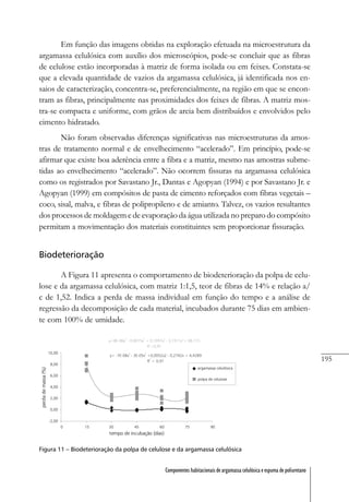 195
Componentes habitacionais de argamassa celulósica e espuma de poliuretano
Em função das imagens obtidas na exploração efetuada na microestrutura da
argamassa celulósica com auxílio dos microscópios, pode-se concluir que as fibras
de celulose estão incorporadas à matriz de forma isolada ou em feixes. Constata-se
que a elevada quantidade de vazios da argamassa celulósica, já identificada nos en-
saios de caracterização, concentra-se, preferencialmente, na região em que se encon-
tram as fibras, principalmente nas proximidades dos feixes de fibras. A matriz mos-
tra-se compacta e uniforme, com grãos de areia bem distribuídos e envolvidos pelo
cimento hidratado.
Não foram observadas diferenças significativas nas microestruturas da amos-
tras de tratamento normal e de envelhecimento “acelerado”. Em princípio, pode-se
afirmar que existe boa aderência entre a fibra e a matriz, mesmo nas amostras subme-
tidas ao envelhecimento “acelerado”. Não ocorrem fissuras na argamassa celulósica
como os registrados por Savastano Jr., Dantas e Agopyan (1994) e por Savastano Jr. e
Agopyan (1999) em compósitos de pasta de cimento reforçados com fibras vegetais –
coco, sisal, malva, e fibras de polipropileno e de amianto. Talvez, os vazios resultantes
dos processos de moldagem e de evaporação da água utilizada no preparo do compósito
permitam a movimentação dos materiais constituintes sem proporcionar fissuração.
Biodeterioração
A Figura 11 apresenta o comportamento de biodeterioração da polpa de celu-
lose e da argamassa celulósica, com matriz 1:1,5, teor de fibras de 14% e relação a/
c de 1,52. Indica a perda de massa individual em função do tempo e a análise de
regressão da decomposição de cada material, incubados durante 75 dias em ambien-
te com 100% de umidade.
Figura 11 – Biodeterioração da polpa de celulose e da argamassa celulósica
 
