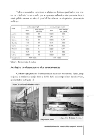 197
Componentes habitacionais de argamassa celulósica e espuma de poliuretano
Todos os resultados encontram-se abaixo aos limites especificados pela nor-
ma de referência, comprovando que a argamassa celulósica não apresenta risco à
saúde pública no que se refere à possível liberação de metais pesados para o meio
ambiente.
Avaliação de desempenho dos componentes
Conforme programado, foram realizados ensaios de resistência à flexão, carga
suspensa e impacto de corpo mole e corpo duro nos componentes desenvolvidos,
apresentados na Figura 12.
Tabela 5 – Concentração de metais
ensaio de resistência à flexão - FORRO T
máquina de ensaio
dispositivo de apoio do FORRO T
 