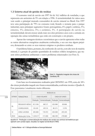 228
Coletânea Habitare - vol. 4 - Utilização de Resíduos na Construção Habitacional
1.3 Sistema atual de gestão do resíduo
O consumo total de carvão em 1997 foi de 16,1 milhões de toneladas, o que
representa um acréscimo de 9% em relação a 1996. A termeletricidade há vários anos
vem sendo o principal mercado consumidor de carvão mineral no Brasil. Em 1997
teve uma participação de 79% no consumo total, ficando o restante para o parque
industrial, cujos principais segmentos foram: petroquímica, 6%; papel e celulose, 5%;
cimento, 3%; alimentos, 3%; e cerâmico, 3%. A participação do carvão na
termeletricidade deverá crescer ainda mais nos dois próximos anos com a entrada em
operação das usinas termelétricas que estão em construção e em projeto.
Apesar das vantagens técnicas e econômicas que o carvão apresenta sobre todas
as outras alternativas energéticas atualmente conhecidas, o seu uso traz alguns prejuí-
zos, destacando-se entre os seus maiores estigmas os produtos residuais.
O problema básico, portanto, da combustão do carvão, com alto teor de matéria
mineral, é a geração de grandes quantidades de resíduos sólidos inorgânicos, que tra-
zem sérios problemas ambientais e outros problemas relacionados (ver Foto 3).
Com base nos levantamentos realizados pela CIENTEC em 1995, cerca de 34%
das cinzas produzidas naquele ano foram comercializadas, conforme mostra o Quadro 8.
Este panorama é atualmente muito diferente.
Foto 3 – Depósito irregular de cinzas de
Candiota, RS
Quadro 8 – Produção e comercialização de resíduos de carvão nas centrais termelétricas que
operam com carvão-vapor, situadas na região Sul do Brasil (1995)
 