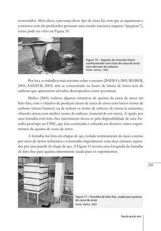 249
Cinza da casca de arroz
consumidor. Além disso, a presença desse tipo de cinza faz com que as argamassas e
concretos com ela produzidos possuam uma coesão excessiva (aspecto “pegajoso”),
como pode ser visto na Figura 10.
Figura 10 – Aspecto do concreto fresco
confeccionado com cinza de casca de arroz
com alto teor de carbono
Fonte: Santos, 1997
Por isso, os trabalhos mais recentes sobre o assunto (DAFICO, 2001; WEBER,
2001; SANTOS, 2003) têm se concentrado na busca de cinzas de baixo teor de
carbono que apresentem elevados desempenhos como pozolanas.
Dafico (2001) realizou algumas tentativas de queima da casca de arroz em
leito fixo, com o objetivo de produzir cinzas de casca de arroz com baixos teores de
carbono (cinzas brancas) ou de reduzir os teores de carbono de cinzas já existentes,
obtendo cinzas com médios teores de carbono (material de cor cinza). A opção por
uma fornalha com leito fixo intermitente deveu-se pela disponibilidade de uma for-
nalha protótipo na UFSC, que fora construída e utilizada em diversos outros experi-
mentos de queima de casca de arroz.
A fornalha foi feita em chapas de aço, isolada termicamente do meio externo
por meio de tijolos refratários e construída originalmente com duas câmaras separa-
das por uma parede de chapa de aço. A Figura 11 mostra uma fotografia da fornalha
de leito fixo para queima intermitente usada para os experimentos.
Figura 11 – Fornalha de leito fixo, usada para queima
de casca de arroz
Fonte: Dafico, 2001
 
