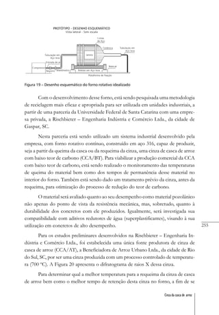255
Cinza da casca de arroz
Figura 19 – Desenho esquemático do forno rotativo idealizado
Com o desenvolvimento desse forno, está sendo pesquisada uma metodologia
de reciclagem mais eficaz e apropriada para ser utilizada em unidades industriais, a
partir de uma parceria da Universidade Federal de Santa Catarina com uma empre-
sa privada, a Rischbieter – Engenharia Indústria e Comércio Ltda., da cidade de
Gaspar, SC.
Nesta parceria está sendo utilizado um sistema industrial desenvolvido pela
empresa, com forno rotativo contínuo, construído em aço 316, capaz de produzir,
seja a partir da queima da casca ou da requeima da cinza, uma cinza de casca de arroz
com baixo teor de carbono (CCA/BT). Para viabilizar a produção comercial da CCA
com baixo teor de carbono, está sendo realizado o monitoramento das temperaturas
de queima do material bem como dos tempos de permanência desse material no
interior do forno. Também está sendo dado um tratamento prévio da cinza, antes da
requeima, para otimização do processo de redução do teor de carbono.
O material será avaliado quanto ao seu desempenho como material pozolânico
não apenas do ponto de vista da resistência mecânica, mas, sobretudo, quanto à
durabilidade dos concretos com ele produzidos. Igualmente, será investigada sua
compatibilidade com aditivos redutores de água (superplastificantes), visando à sua
utilização em concretos de alto desempenho.
Para os estudos preliminares desenvolvidos na Rischbieter – Engenharia In-
dústria e Comércio Ltda., foi estabelecida uma única fonte produtora de cinza de
casca de arroz (CCA/AT), a Beneficiadora de Arroz Urbano Ltda., da cidade de Rio
do Sul, SC, por ser uma cinza produzida com um processo controlado de temperatu-
ra (700 ºC). A Figura 20 apresenta o difratograma de raios X dessa cinza.
Para determinar qual a melhor temperatura para a requeima da cinza de casca
de arroz bem como o melhor tempo de retenção desta cinza no forno, a fim de se
 