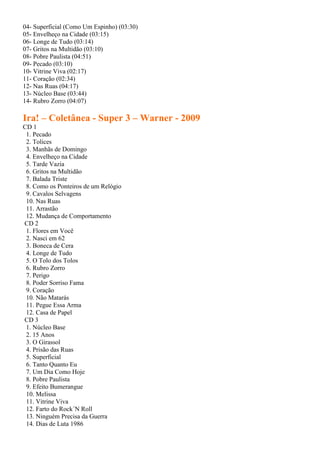 04- Superficial (Como Um Espinho) (03:30)
05- Envelheço na Cidade (03:15)
06- Longe de Tudo (03:14)
07- Gritos na Multidão (03:10)
08- Pobre Paulista (04:51)
09- Pecado (03:10)
10- Vitrine Viva (02:17)
11- Coração (02:34)
12- Nas Ruas (04:17)
13- Núcleo Base (03:44)
14- Rubro Zorro (04:07)

Ira! – Coletânea - Super 3 – Warner - 2009
CD 1
 1. Pecado
 2. Tolices
 3. Manhãs de Domingo
 4. Envelheço na Cidade
 5. Tarde Vazia
 6. Gritos na Multidão
 7. Balada Triste
 8. Como os Ponteiros de um Relógio
 9. Cavalos Selvagens
 10. Nas Ruas
 11. Arrastão
 12. Mudança de Comportamento
CD 2
 1. Flores em Você
 2. Nasci em 62
 3. Boneca de Cera
 4. Longe de Tudo
 5. O Tolo dos Tolos
 6. Rubro Zorro
 7. Perigo
 8. Poder Sorriso Fama
 9. Coração
 10. Não Matarás
 11. Pegue Essa Arma
 12. Casa de Papel
CD 3
 1. Núcleo Base
 2. 15 Anos
 3. O Girassol
 4. Prisão das Ruas
 5. Superficial
 6. Tanto Quanto Eu
 7. Um Dia Como Hoje
 8. Pobre Paulista
 9. Efeito Bumerangue
 10. Melissa
 11. Vitrine Viva
 12. Farto do Rock´N Roll
 13. Ninguém Precisa da Guerra
 14. Dias de Luta 1986
 