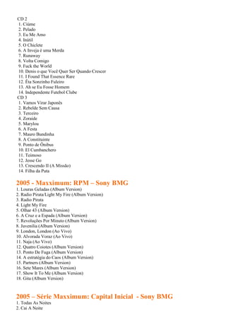CD 2
1. Ciúme
2. Pelado
3. Eu Me Amo
4. Inútil
5. O Chiclete
6. A Inveja é uma Merda
7. Runaway
8. Volta Comigo
9. Fuck the World
10. Denis o que Você Quer Ser Quando Crescer
11. I Found That Essence Rare
12. Êta Sonzinho Fuleiro
13. Ah se Eu Fosse Homem
14. Independente Futebol Clube
CD 3
1. Vamos Virar Japonês
2. Rebelde Sem Causa
3. Terceiro
4. Zoraide
5. Marylou
6. A Festa
7. Mauro Bundinha
8. A Constituinte
9. Ponto de Ônibus
10. El Cumbanchero
11. Teimoso
12. Jesse Go
13. Crescendo II (A Missão)
14. Filha da Puta

2005 - Maxximum: RPM – Sony BMG
1. Louras Geladas (Album Version)
2. Radio Pirata/Light My Fire (Album Version)
3. Radio Pirata
4. Light My Fire
5. Olhar 43 (Album Version)
6. A Cruz e a Espada (Album Version)
7. Revoluções Por Minuto (Album Version)
8. Juvenilia (Album Version)
9. London, London (Ao Vivo)
10. Alvorada Voraz (Ao Vivo)
11. Naja (Ao Vivo)
12. Quatro Coiotes (Album Version)
13. Ponto De Fuga (Album Version)
14. A estratégia do Caos (Album Version)
15. Partners (Album Version)
16. Sete Mares (Album Version)
17. Show It To Me (Album Version)
18. Gita (Album Version)



2005 – Série Maxximum: Capital Inicial - Sony BMG
1. Todas As Noites
2. Cai A Noite
 