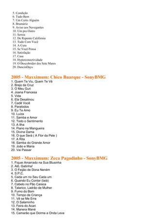 5. Condição
 6. Tudo Bem
 7. Um Certo Alguém
 8. Brumário
 9. Aviso aos Navegantes
 10. Um pro Outro
 11. Sereia
 12. De Repente Califórnia
 13. Tudo Com Você
 14. A Cura
 15. Se Você Pensa
 16. Satisfação
 17. Casa
 18. Hyperconectividade
 19. O Descobridor dos Sete Mares
 20. DancinDays


2005 - Maxximum: Chico Buarque - SonyBMG
1. Quem Te Viu, Quem Te Vê
2. Brejo da Cruz
3. O Meu Guri
4. Joana Francesa
5. Vida
6. Ela Desatinou
7. Cadê Você
8. Paratodos
9. Eu Te Amo
10. Luíza
11. Samba e Amor
12. Todo o Sentimento
13. A Ilha
14. Piano na Mangueira
15. Divina Dama
16. O que Será ( A Flor da Pele )
17. A Rita
18. Samba do Grande Amor
19. João e Maria
20. Vai Passar

2005 - Maxximum: Zeca Pagodinho - SonyBMG
1. Fiquei Amarrado na Sua Blusinha
2. Alô, Gatinha!
3. O Feijão de Dona Neném
4. S.P.C.
5. Cada um no Seu Cada um
6. Quando Eu Contar (Iaiá)
7. Cabelo no Pão Careca
8. Talarico, Ladrão de Mulher
9. Fumo do Bom
10. Tempo de Criança
11. Vê se Me Erra
12. O Salaminho
13. Feira do Acari
14. Manera Mané
15. Camarão que Dorme a Onda Leva
 