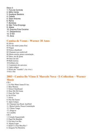 Disco 3
1. Fora de Controle
2. Milho Verde
3. Qualquer Besteira
4. Calada
5. Sapo Antunes
6. Rama
7. Bondosa
8. Não Tinha Emprego
9. Aldeia
10. Esquina Puta Cocaína
11. Desperdícios
12. O Sol
13. Zeca

Camisa de Venus - Warner 30 Anos
01 Silvia
02 Eu não matei joana d'arc
03 Negue
04 Simca chambord
05 Chamam isso rock'n'roll
06 Muita estrela, pouca constelação
07 Deus, me dé grana
08 Ouro de tolo
09 Beth morreu
10 Gotham city
11 Carpinteiro do universo
12 Após calipso
13 Rock das "Aranha" ( Ao vivo )
14 Só o fim

2003 - Camisa De Vênus E Marcelo Nova - E-Collection – Warner
Music
CD 1
1. Eu Não Matei Joana D´Arc
2. Bete Morreu
3. Simca Chamboard
4. Deus Me Dê Grana
5. Ouro De Tolo
6. Só O Fim
7. Silvia
8. País De Futuro
9. Após Calipso
10. Chamam Isso Rock And Roll
11. Muita Estrela, Pouca Constelação
12. Último Tango
13. Aluga-se
14. Canalha
CD 2
1. Coração Sequestrado
2. Papel De Bandido
3. Ela Saiu Um Dia
4. Algum Lugar
5. Qual É A Sua Meu Rei ?
6. Imagens Na Memória
 