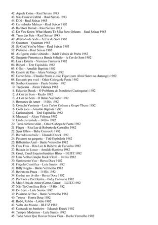 42. Aquela Coisa – Raul Seixas 1983
43. Não Fosse o Cabral – Raul Seixas 1983
44. DDI – Raul Seixas 1983
45. Carimbador Maluco – Raul Seixas 1983
46. Barefoot Ballad – Raul Seixas 1983
47. Do You Know What Means To Miss New Orleans – Raul Seixas 1983
48. Trem das Sete – Raul Seixas 1983
49. Abóbada da Vida – A Cor do Som 1983
50. Quantum – Quantum 1983
51. So Glad You’re Mine – Raul Seixas 1983
52. Prelúdio – Raul Seixas 1983
01. As figuras estão voltando – Odair Cabeça de Poeta 1982
02. Sargento Pimenta e a Banda Solidão – A Cor do Som 1982
03. Lua e Estrela – Vinicius Cantuaria 1982
04. Ibiporã – Tete Espíndola 1982
05. O Sol – Arnaldo Baptista 1982
06. Cavalo de Pau – Alceu Valença 1982
07. Carne Sêca – Claudio Prates e João Figar (com Almir Sater no charango) 1982
08. Eu canto pra você – Odair Cabeça de Poeta 1982
09. Sonhos Guaranis – Paulo Simões 1982
10. Tropicana – Alceu Valença 1982
11. Eduardo Dusek – O Problema do Nordeste (Caatingatur) 1982
12. A Cor do Som – Razão 1982
13. A Cor do Som – O Balão Vai Subir 1982
14. Romance de Amor – 14 Bis 1982
15. Coração Ventania – Luiz Carlos Colman e Grupo Therra 1982
16. Corta Jaca – Arnaldo Baptista 1982
17. Cunhataiporã – Tetê Espíndola 1982
18. Maracatú – Alceu Valença 1982
19. Linda Juventude – 14 Bis 1982
20. Tu tá comeno vrido – Odair Cabeça de Poeta 1982
21. Flagra – Rita Lee & Roberto de Carvalho 1982
22. Seus Olhos – Baby Consuelo 1982
23. Barrados no baile – Eduardo Dusek 1982
24. Passaros na garganta – Tetê Espíndola 1982
25. Bilhetinho Azul – Barão Vermelho 1982
26. Frou Frou – Rita Lee & Roberto de Carvalho 1982
27. Balada do Louco – Arnaldo Baptista 1982
28. Cruel, Cruel Esquizofrenético Blues – BLITZ 1982
29. Uma Velha Canção Rock’n'Roll – 14 Bis 1982
30. Sentimento Voa – Herva Doce 1982
31. Fricção Científica – Lulu Santos 1982
32. Billy Negão – Barão Vermelho 1982
33. Retrato na Praça – 14 Bis 1982
34. Ganhei um Avião – Herva Doce 1982
35. Por Fora e Por Dentro – Baby Consuelo 1982
36. Mais Uma de Amor (Geme, Geme) – BLITZ 1982
37. Não Tá Com Essa Bola – 14 Bis 1982
38. De Leve – Lulu Santos 1982
39. Posando de Star – Barão Vermelho 1982
40. Topete – Herva Doce 1982
41. Robô, Robôa – Lobão 1982
42. Volta Ao Mundo – BLITZ 1982
43. Cantando no banheiro – Eduardo Dusek 1982
44. Tempos Modernos – Lulu Santos 1982
45. Todo Amor Que Houver Nessa Vida – Barão Vermelho 1982
 