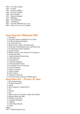 1984 – E a Vida Continua
1985 – Circular
1987 – Loucura e Mágica
1988 – Pra Ficar Contigo
1990 – Sexto Sentido
1993 – Tigres de Bengala
1997 – Brilhantes
2002 – Auto-Fidelidade
2002 – As Melhores
2005 – Anos 80: Multishow [ao vivo]
2009 – Outra Vez [ao vivo no estúdio]
Jorge Bem Jor Millenium 2005
1. Taj Mahal
2. Curumin, Chama Cunhatã Que Vou Contar
3. W/ Brasil (chama O Síndico)
4. Por Causa De Você
5. Menina/ Chove Chuva/ Mas Que Nada
6. O Dia Que O Sol Declarou Seu Amor Pela Terra
7. Os Alquimistas Estão Chegando...
8. Amante Amado
9. Minha Teimosia, Uma Arma Pra Te Conquistar
10. Waldomiro Pena
11. Menina Mulher Da Pele Preta
12. Filho Maravilha
13. Xica Da Silva
14. Jorge Da Capadócia
15. O Namorado Da Viúva
16. O Telefone Tocou Novamente
17. O Circo Chegou
18. Oba, Lá Vem Ela
19. Mano Caetano
20. País Tropical
21. Roberto, Corta Essa
22. Ponta De Lança Africano (umbabarauma)
Jorge Bem Jor - Warner 30 Anos
1. País Tropical/ Spyro
2. W/ Brasil (chama O
3. Cabelo
4. Salve Simpatia/ A Banda Do Zé
5. I´ve
6. Princesa
7. Que
8. Charles Anjo 45/ Caramba...Galileu Da Galiléia/.
9. Menina Sarará/ Mas Que
10. Roberto Corta Essa
11. Engenho De Dentro
12. Alcohol
13. Filho Maravilha (fio
14. Palco
Álbuns:
1963 – Samba Esquema Novo
 