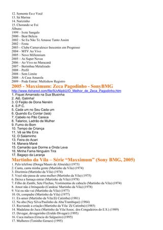 12. Somente Eu e Você
13. Sá Marina
14. Narizinho
15. Chorando se Foi
Álbuns:
1999 – Ivete Sangalo
2000 – Beat Beleza
2002 – Se Eu Não Te Amasse Tanto Assim
2002 – Festa
2003 – Clube Carnavalesco Inocentes em Progresso
2004 – MTV Ao Vivo
2005 – Novo Millennium
2005 – As Super Novas
2006 – Ao Vivo no Maracanã
2007 – Berimbau Metalizado
2008 – Perfil
2008 – Sem Limite
2008 – A Casa Amarela
2009 – Pode Entrar: Multishow Registro
2005 - Maxximum: Zeca Pagodinho - SonyBMG
http://www.4shared.com/file/9JvNipbU/O_Melhor_de_Zeca_Pagodinho.htm
1. Fiquei Amarrado na Sua Blusinha
2. Alô, Gatinha!
3. O Feijão de Dona Neném
4. S.P.C.
5. Cada um no Seu Cada um
6. Quando Eu Contar (Iaiá)
7. Cabelo no Pão Careca
8. Talarico, Ladrão de Mulher
9. Fumo do Bom
10. Tempo de Criança
11. Vê se Me Erra
12. O Salaminho
13. Feira do Acari
14. Manera Mané
15. Camarão que Dorme a Onda Leva
16. Minha Fama Ninguém Tira
17. Bagaço da Laranja
Martinho da Vila – Série “Maxximum” (Sony BMG, 2005)
1. Pelo telefone (Donga/Mauro de Almeida) (1973)
2. Canta, canta minha gente (Martinho da Vila) (1974)
3. Disritmia (Martinho da Vila) (1974)
5. Você não passa de uma mulher (Martinho da Vila) (1975)
6. Deixa a fumaça entrar (Martinho da Vila) (1978)
7. Filho de Zambi, Sete Flechas, Vestimentas de caboclo (Martinho da Vila) (1974)
8. Amor não é brinquedo (Candeia/ Martinho da Vila) (1978)
9. Vai ou não vai (Martinho da Vila) (1977)
10. Oi, compadre (Martinho da Vila) (1977)
11. Ex-amor (Martinho da Vila/Zé Catimba) (1981)
12. Na aba (Ney Silva/Paulinho da Aba/Trambique) (1984)
13. Recriando a criação (Martinho da Vila/ Zé Catimba) (1985)
14. Madalena do Jucu (Martinho da Vila/Assoc. dos Congadeiros do E.S.) (1989)
15. Devagar, devagarinho (Eraldo Divagar) (1995)
16. Cuca maluca (Gracia do Salgueiro) (1995)
17. Mulheres (Toninho Geraes) (1995)
 