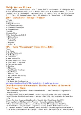 Molejo Warner 30 Anos
Disco #1 Opções 1. Linha de Passe Ouvir 2. Samba Rock do Molejão Ouvir 3. Empolgação Ouvir
4. Sweet Banana (Banana Dulce) Ouvir 5. Remexe Mexe Ouvir 6. Tchutchuca Ouvir 7. A Bruxa
Está Solta Ouvir 8. Família Ouvir 9. Caçamba Ouvir 10. Paparico Ouvir 11. Não Quero Saber de
Ti Ti Ti Ouvir 12. Dança da Vassoura Ouvir 13. Brincadeira de Criança Ouvir 14. Tô Voltando
2007 – Nova Série – Molejo - Warner
1. Cilada
2. Paparico
3. Dança da Vassoura
4. Brincadeira de Criança
5. Samba Rock do Molejão
6. Samba Diferente
7. Família
8. Remexe Mexe
9. Não Quero Saber de Ti Ti Ti
10. Linha de Passe
11. Empolgação
12. Tchutchuca
13. Caçamba
14. Assim Oh!
SPC – Série “Maxximum” (Sony BMG, 2005)
Faixas:
01. A Barata
02. Que Se Chama Amor
03. É Bom Demais
04. Tá Por Fora
05. Meu Jeito De Ser
06. Nosso Sonho Não É Ilusão
07. Nunca Mais Te Machucar
08. Te Amar Sem Medo
09. Interfone
10. Mineirinho
11. Teu Olhar (In Your Eyes)
12. Eu Me Rendo
13. Primeiro Amor
14. Sai Da Minha Aba (Bicão)
15. Feito Um Neném
16. Go Back
17. O Samba Não Tem Fronteiras
http://www.4shared.com/file/aCgTzbkr/Negritude_Jr_-_O_Melhor_de_Neg.htm
O melhor carnaval do mundo / The best carnaval of the world
(EMI Music, 2008)
1. O teu cabelo não nega (Irmãos Valença/ Lamartine Babo) – Castro Barbosa (1932/ regravação do
Carnaval de 1955)
2. Chiquita Bacana (João de Barro/ Alberto Ribeiro) /Pierrô Apaixonado (Noel Rosa/ Heitor dos
Prazeres)Ala-la-ô (Haroldo Lobo/ Nássara) – Blecaute (1949, 1936, 1941, regravações do Carnaval de
1959)
3. Saca-rolha (José Gonçalves/ Zilda Gonçalves/ Valdir) – Zé e Zilda (Carnaval de 1954)
4. Tem nego bebo aí (Mirabeau/ Airton Amorim) – Carmen Costa (Carnaval de 1955)
5. Maria Escandalosa (Klecius Caldas/ Armando Cavalcanti) – Blecaute (Carnaval de 1955)
6. Colombina Yê Yê Yê (João Roberto Kelly/ David Nasser) – Roberto Audi (Carnaval de 1966)
7. A jardineira (Benedito Lacerda/ Humberto Porto) – Gilberto Alves (1939/regravação do Carnaval de
1955) / Aurora (Roberto Roberti/ Mário Lago) – Gilberto Alves (1941/regravação do Carnaval de 1955)
 