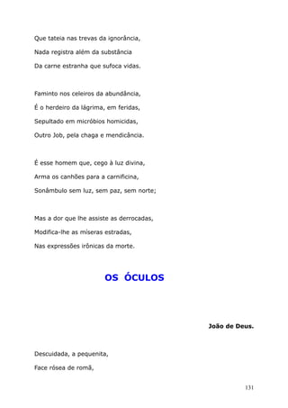 Que tateia nas trevas da ignorância,
Nada registra além da substância
Da carne estranha que sufoca vidas.
Faminto nos celeiros da abundância,
É o herdeiro da lágrima, em feridas,
Sepultado em micróbios homicidas,
Outro Job, pela chaga e mendicância.
É esse homem que, cego à luz divina,
Arma os canhões para a carnificina,
Sonâmbulo sem luz, sem paz, sem norte;
Mas a dor que lhe assiste as derrocadas,
Modifica-lhe as míseras estradas,
Nas expressões irônicas da morte.
OS ÓCULOS
João de Deus.
Descuidada, a pequenita,
Face rósea de romã,
131
 