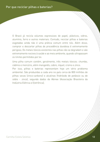 Por que reciclar pilhas e baterias?




      O Brasil já recicla volumes expressivos de papel, plásticos, vidros,
      alumínio, ferro e outros materiais. Contudo, reciclar pilhas e baterias
      esgotadas ainda não é uma prática comum entre nós. Além disso,
      comprar e descartar pilhas de procedência duvidosa é extremamente
      perigoso. Os metais tóxicos existentes nas pilhas não se degradam e são
      extremamente nocivos à saúde e ao meio ambiente, quando ultrapassam
      os limites permitidos por lei.
      Uma pilha comum contém, geralmente, três metais tóxicos: chumbo,
      cádmio e mercúrio, além manganês, cobre, níquel, cromo e zinco.
      Por isso, pilhas e baterias representam hoje um sério problema
      ambiental. São produzidas a cada ano no país cerca de 800 milhões de
      pilhas secas (zinco-carbono) e alcalinas (hidróxido de potássio ou de
      sódio - zinco), segundo dados da Abinee (Associação Brasileira da
      Indústria Elétrica e Eletrônica).




Cartilha Coleta Seletiva                                                        12
 