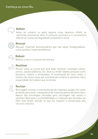 Conheça os cinco Rs:




          Reﬂetir
          Antes de comprar ou pedir alguma coisa, devemos refletir se
          realmente precisamos dele. O consumo excessivo e o consumismo
          lideram as causas da degradação ambiental e social.

          Recusar
          Recusar materiais desnecessários que não sejam biodegradáveis,
          como sacolas e copos de plásticos.

         Reduzir
         Reduzir o lixo e o consumo de energia.

          Reutilizar
          Pensar sobre as coisas que você pode reutilizar: envelopes velhos,
          jornais, sacolas plásticas, etc. Doar ou vender objetos pessoais como
          vestuário, móveis e brinquedos. A reutilização de itens reduz o
          número de coisas novas que você precisa comprar e, portanto, reduz
          a quantidade de resíduos que se produz.

          Reciclar
          Reciclagem envolve a transformação de materiais usados em novos
          produtos para evitar o desperdício de materiais potencialmente úteis.
          Apesar das estratégias utilizadas para reciclagem não serem o
          caminho ideal para a sustentabilidade e a redução das emissões de
          CO2, elas fazem sentido no que diz respeito à conservação dos
          recursos naturais.




Cartilha Coleta Seletiva                                                          04
 