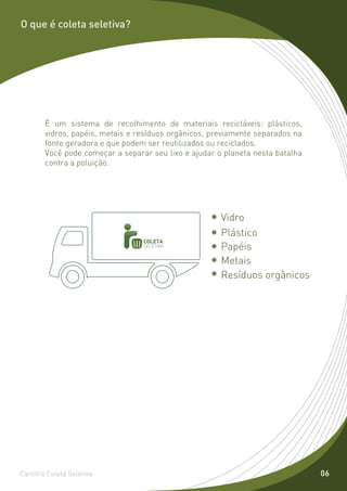 O que é coleta seletiva?




        É um sistema de recolhimento de materiais recicláveis: plásticos,
        vidros, papéis, metais e resíduos orgânicos, previamente separados na
        fonte geradora e que podem ser reutilizados ou reciclados.
        Você pode começar a separar seu lixo e ajudar o planeta nesta batalha
        contra a poluição.




                                                       Vidro
                                                       Plástico
                                  COLETA
                                  SELETIVA
                                                       Papéis
                                                       Metais
                                                       Resíduos orgânicos




Cartilha Coleta Seletiva                                                        06
 