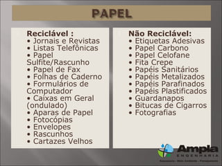 Reciclável :
• Jornais e Revistas
• Listas Telefônicas
• Papel
Sulfite/Rascunho
• Papel de Fax
• Folhas de Caderno
• Formulários de
Computador
• Caixas em Geral
(ondulado)
• Aparas de Papel
• Fotocópias
• Envelopes
• Rascunhos
• Cartazes Velhos
 Não Reciclável:
• Etiquetas Adesivas
• Papel Carbono
• Papel Celofane
• Fita Crepe
• Papéis Sanitários
• Papéis Metalizados
• Papéis Parafinados
• Papéis Plastificados
• Guardanapos
• Bitucas de Cigarros
• Fotografias
 