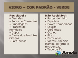  Reciclável :
• Garrafas
• Potes de Conservas
• Embalagens
• Frascos de
Remédios
• Copos
• Cacos dos Produtos
Citados
• Pára-brisas
 Não Reciclável:
• Portas de Vidro
• Espelhos
• Boxes Temperados
• Louças
• Cerâmicas
• Óculos
• Pirex
• Porcelanas
• Vidros Especiais
(tampa de forno e
microondas)
• Tubo de TV
 
