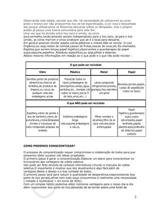Observando esta tabela, percebi que não há necessidade de utilizarmos as cores
preto e branco por não produzirmos lixo de tal especificação, a cor roxa é descartada
até porque utilizariamos se fôssemos descartar pilhas ou lâmpadas, mas o próprio
prédio já possui uma lixeira comunitária para este fim.
Uma vez que há divisão entre lixo seco e úmido, as cores
azul,vermelho,verde,amarelo seriam indispensáveis para o lixo seco, já para o lixo
úmido, as cores marrom e cinza sinalizam que ali é o local para descarte.
Em geral,é possível reciclar papéis,vidros,plásticos e metais.Não se recicla: O Lixo
Orgânico,ou seja,restos de comida,cascas de frutas,cascas de ovos,etc.Os chamados
Rejeitos,que seriam lenços,papel higiênico,absorventes e guardanapos de papel
sujos,espuma,espelhos..Resíduos específicos,ou seja,pilhas e baterias.
Abaixo maiores informações em relação ao o que pode e o que não pode reciclar :


                                      O que pode ser reciclado

            Vidro                     Plástico                  Metal                     Papel

  Garrafas,potes de produtos     Potes(de todos os
    alimentícios,frascos de    tipos),embalagens de        Latas,tampas(de
                                                                              Revistas,jornais,papéis,
   remédios,de produtos de detergentes,xampu,água, refrigerantes)arames,
                                                                               caixas de papelão(de
     limpeza,ou cacos de     sanitária,etc..)tampas (de grampos,fios,marmitex
                                                                                  todos os tipos)
       qualquer uma das       todos os tipos),sacos 9          em geral
       embalagens acima         de leite,arroz,etc..)

                                    O que NÃO pode ser reciclado

                                                                                            Papel
  Espelhos,vidros de janela e                                                     higiênico,guardanapos
   box de banheiro,vidros de    Celofane,embalagens        Pilhas normais e              sujos,copos
 automóveis,cristal,lâmpadas            longa            alcalinas,filtro de ar     siliconizados,papel
    ,formas e travessas de    vida,espuma,embalagens     para veículos,latas          laminado,papéis
 vidro temperado,ampolas de           a vácuo,               enferrujadas         plastificados(embrulho
           remédio                                                                   de bolacha),papel
                                                                                           carbono



COMO PODEMOS CONSCIENTIZAR?

O processo de conscientização requer compromisso e colaboração de todos para que
possamos obter sucesso nas idéias projetadas.
O primeiro passo é gerar a conscientização.Elaborar um plano para conscientizar os
funcionários das vantagens da coleta seletiva.
Isto pode ser feito através de cartazes informativos (mural) e manuais de coleta
seletiva.O importante é mostrar que isto atualmente,é algo fácil,além de
vantajoso.Basta o desejo e a boa vontade de todos.
O próximo passo será para reduzir a quantidade de desperdícios,reaproveitando boa
parte do lixo gerado,afinal nem tudo oque consumimos é realmente uma necessidade
( metade é reutilizável > em torno de 40%).
Com um simples hábito podemos obter inúmeras vantagens para o nosso dia-a-dia
além reaproveitar boa parte do lixo,deixando de se tornar assim,uma fonte de


                                                                                               2
 