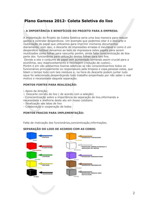 Plano Gamesa 2012- Coleta Seletiva do lixo

– A IMPORTÂNCIA E BENEFÍCIOS DO PROJETO PARA A EMPRESA:

A implantação do Projeto de Coleta Seletiva seria uma boa maneira para reduzir
gastos e controlar desperdícios. Um exemplo que podemos citar é o descarte e
reutilização do papel que utilizamos para imprimir inúmeros documentos
diariamente, com isso, o descarte de impressões erradas é inevitável e como é um
desperdício notável deixamos ao lado da impressora estes papéis para serem
reutilizados como folhas para rascunho porém, ainda falta conscientização de boa
parte dos funcionários para utilização destas folhas para tais fins.
 Devido a isto o consumo de papel tem aumentado tornando assim crucial para a
econômia, seu reaproveitamento e reciclagem (redução de custos)..
Porém é em vão adotarmos lixeiras seletivas se não conscientizarmos todos os
funcionários principalmente os responsáveis pela limpeza e copa,pessoas estas, que
lidam o tempo todo com tais resíduos e, na hora do descarte podem juntar tudo
oque foi selecionado,desperdiçando todo trabalho empenhado por não saber o real
motivo e necessidade daquela separação.

PONTOS FORTES PARA REALIZAÇÃO:

- Apoio da direção;
- Descarte correto do lixo ( de acordo com a seleção)
- Conscientização sobre a importância da separação de lixo,informando a
necessidade e melhoria deste ato em nosso cotidiano
- Sinalização nas latas de lixo
- Colaboração e cooperação de todos

PONTOS FRACOS PARA IMPLEMENTAÇÃO:


Falta de motivação dos funcionários,concientização,informações.

SEPARAÇÃO DO LIXO DE ACORDO COM AS CORES:




                                                                                     2
 