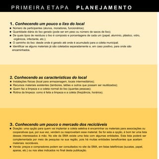 PRIMEIRA ETAPA                                         PLANEJAMENTO


1. Conhecendo um pouco o lixo do local
n   Número de participantes (alunos, moradores, funcionários);
n   Quantidade diária do lixo gerado (pode ser em peso ou número de sacos de lixo);
n   De quais tipos de resíduos o lixo é composto e porcentagens de cada um (papel, alumínio, plástico, vidro,
     orgânicos, infectante, etc.);
n   O caminho do lixo: desde onde é gerado até onde é acumulado para a coleta municipal;
n   Identificar se alguns materiais já são coletados separadamente e, em caso positivo, para onde são
    encaminhados.




2. Conhecendo as características do local
n Instalações físicas (local para armazenagem, locais intermediários);
n Recursos materiais existentes (tambores, latões e outros que possam ser reutilizados);
n Quem faz a limpeza e a coleta normal do lixo (quantas pessoas);
n Rotina da limpeza: como é feita a limpeza e a coleta (freqüência, horários).




3. Conhecendo um pouco o mercado dos recicláveis
n Doação: uma opção para quem vai implantar a coleta seletiva é encaminhar os materiais para associações ou
  cooperativas que, por sua vez, vendem ou reaproveitam esse material. Se for esta a opção, é bom ter uma lista
  desses interessados à mão. No site da SMA existe uma lista com algumas entidades. Esta lista poderá ser
  complementada por meio de pesquisa na sua região, pois há muitas entidades beneficentes que aceitam
  materiais recicláveis.
n Venda: preços e compradores podem ser consultados no site da SMA, em listas telefônicas (sucatas, papel,
  aparas, etc.) ou nos sites indicados no final desta publicação.
 