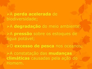 A perda acelerada de
biodiversidade;
A degradação do meio ambiente;
A pressão sobre os estoques de
água potável;
O excesso de pesca nos oceanos;
A constatação das mudanças
climáticas causadas pela ação do
Homem.
 