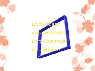 Lixo Urbano
Lixo Domiciliar
Lixo Comercial
Lixo Público
 