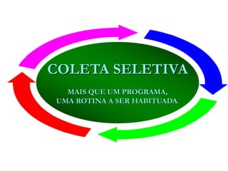COLETA SELETIVA
MAIS QUE UM PROGRAMA,
UMA ROTINA A SER HABITUADA.
 