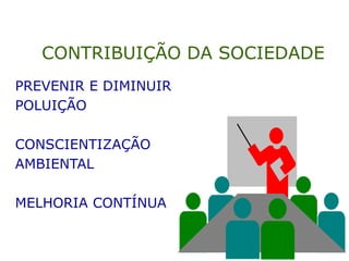 CONTRIBUIÇÃO DA SOCIEDADE
PREVENIR E DIMINUIR
POLUIÇÃO
CONSCIENTIZAÇÃO
AMBIENTAL
MELHORIA CONTÍNUA
 