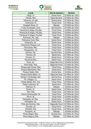 Local                                      Dia da semana                  Horário
             Ofugi, Vl.                                    Sexta-Feira              07:00hs às 15hs
           Olinda, Res                                   Segunda-feira              07:00hs às 15hs
        Oliveiras, Jd .das                                Quarta-feira              07:00hs às 15hs
          Orientville, St                                  Terça-Feira              07:00hs às 15hs
       Oswaldo Rosa, Vl.                                     Sábado                 07:00hs às 15hs
     P dos Eucalíptos, Conj                                Quinta-feira             07:00hs às 15hs
   Paineiras II etapa, Prq das                             Terça Feira              16:00hs às 22hs
   Paineiras III etapa, Prq das                            Terça Feira              16:00hs às 22hs
   Paineiras IV etapa, Prq das                             Terça Feira              16:00hs às 22hs
       Paineiras, Pq . das                                   Sábado                 07:00hs às 15hs
      Palmares, Conj. Res.                                 Sexta-Feira              16:00hs às 22hs
         Pampulha, Jd.                                     Sexta-Feira              16:00hs às 22hs
     Panorama Parque, Lot.                                 Terça Feira              16:00hs às 22hs
         Panorama, Rec.                                    Terça Feira              16:00hs às 22hs
         Paraguassu, Jd.                                   Terça Feira              16:00hs às 22hs
           Paraíso, Pq.                                   Quinta-Feira              16:00hs às 22hs
           Paraíso, Sit                                    Sexta-feira              07:00hs às 15hs
           Paraíso, Vl.                                    Sexta-Feira              07:00hs às 15hs
          Paranhos,Res.                                    Sexta-Feira              16:00hs às 22hs
            Paris, Jd.                                   Segunda-Feira              16:00hs às 22hs
         Park Solar. Res.                                Segunda-Feira              07:00hs às 15hs
    Parque das Flores, Res                                 Terça Feira              16:00hs às 22hs
    Parque Mendanha, Res                                   Sexta-feira              07:00hs às 15hs
       Parque Oeste, Res                                  Quinta-feira              16:00hs às 22hs
    Parque Santa Maria, Vl.                              Segunda-feira              07:00hs às 15hs
    Parque Tremendão, Set.                                Quinta-feira              16:00hs às 22hs
         Pe. Pelágio, Cj.                                  Sexta-Feira              16:00hs às 22hs
     Pedro Abrão, Zon. Ind.                                Terça Feira              07:00hs às 15hs
      Pedro Ludovico, St.                                  Sexta-feira              07:00hs às 15hs
           Pedroso, Vl.                                      Sábado                 16:00hs às 22hs
            Perdiz, Vl.                                    Sexta-Feira              07:00hs às 15hs
             Peri, Res                                     Terça Feira              07:00hs às 15hs
     Perim Continuação, St                                 Terça Feira              07:00hs às 15hs
            Perim, St.                                     Terça-Feira              16:00hs às 22hs
       Petrópolis Jd. Res.                                 Sexta-Feira              16:00hs às 22hs
         Petrópolis, Jd.                                   Sexta-Feira              16:00hs às 22hs
     Pilar dos Sonhos, Res.                              Segunda-Feira              07:00hs às 15hs
           Planalto, Jd.                                   Terça-Feira              07:00hs às 15hs
          Planalto, Prq.                                   Terça Feira              07:00hs às 15hs
          Pompéia, Jd.                                       Sábado                 16:00hs às 22hs
       Ponta Negra, Res.                                  Quarta-feira              07:00hs às 15hs
       Porto Seguro, Res                                     Sábado                 07:00hs às 15hs


Companhia de Urbanização de Goiânia - COMURG / Diretoria de Coleta / Departamento de Coleta Seletiva
            Avenida Nazareno Roriz, n. 1122, Vila Aurora, Goiânia - GO, CEP 74.405-010
                Telefone: 3524-8571; E-mail: coletaseletiva@comurg.goiania.go.gov.br
 