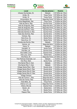 Local                                    Dia da semana                  Horário
     Ulisses Guimarães, St.                                  Sábado                 07:00hs às 15hs
              União, St.                                   Terça Feira              07:00hs às 15hs
              União, Vl.                                   Terça-Feira              07:00hs às 15hs
         Universitário, St.                              Segunda-Feira              07:00hs às 15hs
      Urias Magalhães, Set.                                Terça Feira              16:00hs às 22hs
       Vale da Serra, Res.                                Quinta-Feira              16:00hs às 22hs
      Vale do Araguaia, Res                              Segunda-feira              07:00hs às 15hs
     Vale do Araguaia, Res.                              Segunda-Feira              07:00hs às 15hs
    Vale dos Sonhos I, Res.                               Quinta-Feira              16:00hs às 22hs
    Vale dos Sonhos II, Res                               Quinta-Feira              16:00hs às 22hs
      Vale dos Sonhos, Res                                 Quinta-feira             16:00hs às 22hs
            Veneza, Vlg                                    Quinta-feira             16:00hs às 22hs
           Vera Cruz, Cj.                                  Sexta-Feira              07:00hs às 15hs
           Vera Cruz, Vl.                                  Sexta-Feira              07:00hs às 15hs
    Vereda dos Buritis, Res                                  Sábado                 07:00hs às 15hs
             Verona, Jd.                                 Segunda-feira              16:00hs às 22hs
              Viana, Vl.                                     Sábado                 07:00hs às 15hs
            Viandelli, Vl.                                 Sexta-Feira              07:00hs às 15hs
           Vila Boa, Jd.                                  Quinta-Feira              16:00hs às 22hs
         Vila Izabel, Conj.                               Quarta-Feira              16:00hs às 22hs
          Vila Lucy, Conj.                                 Sexta-feira              16:00hs às 22hs
           Vila Nova, St.                                Segunda-Feira              07:00hs às 15hs
   Vila Pedroso Extensão, Lot                                Sábado                 16:00hs às 22hs
          Vila Rica, Distr.                                Sexta-Feira              07:00hs às 15hs
     Vila Santa Rita 2, Cod.                                 Sábado                 07:00hs às 15hs
     Vila Santa Rita 7, Cod.                                 Sábado                 07:00hs às 15hs
    Village Santa Rita I, Res                             Quarta-feira              16:00hs às 22hs
    Village Santa Rita II, Res                            Quarta-feira              16:00hs às 22hs
   Village Santa Rita III, Res                            Quarta-feira              16:00hs às 22hs
   Village Santa Rita IV, Res                             Quarta-feira              16:00hs às 22hs
          Village Veneza                                  Quinta-Feira              16:00hs às 22hs
      Ville de France 1, Res                             Segunda-feira              16:00hs às 22hs
       Ville de France, Res                              Segunda-feira              16:00hs às 22hs
          Vista Bela, Jd.                                  Terça-Feira              16:00hs às 22hs
          Vitória I e II, Jd.                            Segunda-Feira              16:00hs às 22hs
           Vitória. Bro da                                Quarta-Feira              16:00hs às 22hs
             Xavier, Jd.                                   Sexta-feira              07:00hs às 15hs
              Yara, Cj.                                    Sexta-Feira              07:00hs às 15hs
            Ytapuã, Res.                                   Sexta-Feira              07:00hs às 15hs




Companhia de Urbanização de Goiânia - COMURG / Diretoria de Coleta / Departamento de Coleta Seletiva
            Avenida Nazareno Roriz, n. 1122, Vila Aurora, Goiânia - GO, CEP 74.405-010
                Telefone: 3524-8571; E-mail: coletaseletiva@comurg.goiania.go.gov.br
 