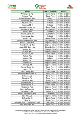 Local                                     Dia da semana                  Horário
         Anhangüera, Pq.                                   Quinta-Feira              16:00hs às 22hs
           Anicuns, Res.                                    Sexta-Feira              16:00hs às 22hs
      Antônio Barbosa, Res.                                   Sábado                 16:00hs às 22hs
         Aquários II, Res.                                    Sábado                 07:00hs às 15hs
          Aquários, Res.                                      Sábado                 07:00hs às 15hs
           Aquarius I E II                                    Sábado                 07:00hs às 15hs
      Araguaia Parque, Lot.                                Quinta-Feira              16:00hs às 22hs
         Arco Verde, Res.                                 Segunda-feira              16:00hs às 22hs
            Areião I, Lot.                                 Quinta-feira              07:00hs às 15hs
        Aritana, Cond. Jd.                                 Quarta-feira              07:00hs às 15hs
         Aroeiras, Jd. das                                    Sábado                 16:00hs às 22hs
            Arreião, Lot.                                  Quarta-Feira              16:00hs às 22hs
   Aruanã Complemento, Res.                               Segunda-feira              16:00hs às 22hs
       Aruanã I, Conj. Hab.                               Segunda-Feira              07:00hs às 15hs
       Aruanã II, Conj. Hab.                              Segunda-Feira              07:00hs às 15hs
      Aruanã III, Conj. Hab.                              Segunda-feira              07:00hs às 15hs
            Aruanã, Cj.                                   Segunda-Feira              07:00hs às 15hs
           Aruanã, Res.                                   Segunda-Feira              07:00hs às 15hs
          Asa Branca, St.                                  Quinta-Feira              16:00hs às 22hs
            Atalaia, Res.                                     Sábado                 16:00hs às 22hs
             Atalaia, Vlg                                     Sábado                 16:00hs às 22hs
            Atenas, Jd.                                   Segunda-Feira              16:00hs às 22hs
           Atheneu, Pq.                                   Segunda-Feira              16:00hs às 22hs
            Atlântico, Jd.                                Segunda-Feira              16:00hs às 22hs
         Aurora Oeste, Vl.                                  Sexta-Feira              16:00hs às 22hs
             Aurora, Vl.                                    Sexta-Feira              16:00hs às 22hs
        Baliza, Conj. Hab.                                 Quinta-Feira              07:00hs às 15hs
    Balneário Meia Ponte, Jd.                               Terça Feira              07:00hs às 15hs
           Balneário, Jd.                                   Terça-Feira              16:00hs às 22hs
          Balneário, Pq.                                    Terça-Feira              16:00hs às 22hs
          Balneário, Res.                                   Terça-Feira              16:00hs às 22hs
         Bandeirantes, Vl                                 Segunda-Feira              07:00hs às 15hs
         Bandeirantes, Vl.                                 Quinta-Feira              07:00hs às 15hs
          Barcelona, Res.                                 Segunda-Feira              16:00hs às 22hs
        Barra da Tijuca, St.                              Segunda-Feira              07:00hs às 15hs
         Barravento, Res.                                   Terça-Feira              16:00hs às 22hs
     Beatriz Nascimento, Res.                              Quarta-feira              07:00hs às 15hs
          Bela Vista, Jd.                                 Segunda-Feira              16:00hs às 22hs
           Bela Vista, St.                                 Quinta-Feira              07:00hs às 15hs
               Bela, Vl                                     Terça-Feira              07:00hs às 15hs
Belo Horizonte Complemento, Res.                            Sexta-feira              16:00hs às 22hs
       Belo Horizonte, Res.                                 Sexta-Feira              16:00hs às 22hs


 Companhia de Urbanização de Goiânia - COMURG / Diretoria de Coleta / Departamento de Coleta Seletiva
             Avenida Nazareno Roriz, n. 1122, Vila Aurora, Goiânia - GO, CEP 74.405-010
                 Telefone: 3524-8571; E-mail: coletaseletiva@comurg.goiania.go.gov.br
 