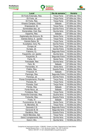 Local                                    Dia da semana                  Horário
     Eli Forte Extensão, Res.                              Terça Feira              07:00hs às 15hs
            Eli Forte, Jd                                  Terça-Feira              07:00hs às 15hs
           Eli Forte, Res.                                 Terça Feira              07:00hs às 15hs
     Elíseos Campos, Chác.                                   Sábado                 07:00hs às 15hs
         Empresarial, St.                                  Terça-Feira              16:00hs às 22hs
       Esmeraldas das, Jd.                                Quinta-Feira              07:00hs às 15hs
      Esmeraldas, Cod. Das                                 Quinta-feira             07:00hs às 15hs
          Espanha, Res.                                      Sábado                 07:00hs às 15hs
   Esplanada dos Anicuns, Br.                              Sexta-Feira              16:00hs às 22hs
    Estrela Dalva, S . (parte)                             Terça Feira              16:00hs às 22hs
         Estrela Dalva, St.                                Terça Feira              16:00hs às 22hs
       Eucaliptos, Conj. Pq.                              Quinta-Feira              16:00hs às 22hs
             Europa Jd                                     Terça-Feira              07:00hs às 15hs
            Europa, Jd.                                   Quinta-Feira              16:00hs às 22hs
            Fabiana, Cj.                                 Segunda-Feira              16:00hs às 22hs
      Faiçalville, Lot. (parte)                            Quinta-feira             16:00hs às 22hs
           Faiçalville, S.                               Segunda-Feira              16:00hs às 22hs
             Fama, St.                                     Sexta-Feira              07:00hs às 15hs
          Felicidade, Res                                  Quinta-feira             07:00hs às 15hs
              Feliz, Br.                                     Sábado                 07:00hs às 15hs
          Fernandes, Vl.                                   Sexta-feira              07:00hs às 15hs
            Fidélis, Res.                                 Quarta-Feira              16:00hs às 22hs
           Finsocial, Vl.                                    Sábado                 07:00hs às 15hs
          Flamingo, Res.                                 Segunda-Feira              16:00hs às 22hs
           Florença, Jd.                                  Quinta-Feira              16:00hs às 22hs
  Flores Complemento, Prq das                              Terça Feira              16:00hs às 22hs
           Floresta, Br.                                   Terça Feira              16:00hs às 22hs
           Floresta, Cod                                   Terça Feira              16:00hs às 22hs
           Flórida, Res.                                     Sábado                 07:00hs às 15hs
         Fonte Nova, Jd.                                     Sábado                 07:00hs às 15hs
          Fortaleza, Res.                                  Terça-Feira              16:00hs às 22hs
    Forteville Extensão, Res.                             Quarta-feira              16:00hs às 22hs
          Forteville, Res.                                Quarta-Feira              16:00hs às 22hs
              Froés, Vl.                                     Sábado                 07:00hs às 15hs
      Funcionários, St. dos                                Sexta-Feira              07:00hs às 15hs
         G. Meirelles, St.                                 Terça-Feira              16:00hs às 22hs
           Garavelo 3 S.                                 Segunda-Feira              16:00hs às 22hs
          Garavelo B, St                                 Segunda-feira              16:00hs às 22hs
          Gardênia, Res.                                  Quarta-Feira              16:00hs às 22hs
       Gentil Meireles, Set.                               Terça Feira              16:00hs às 22hs
    Goiá 2 complemento, Bro.                              Quinta-feira              16:00hs às 22hs
            Goiá 2, Bro.                                  Quinta-feira              16:00hs às 22hs


Companhia de Urbanização de Goiânia - COMURG / Diretoria de Coleta / Departamento de Coleta Seletiva
            Avenida Nazareno Roriz, n. 1122, Vila Aurora, Goiânia - GO, CEP 74.405-010
                Telefone: 3524-8571; E-mail: coletaseletiva@comurg.goiania.go.gov.br
 