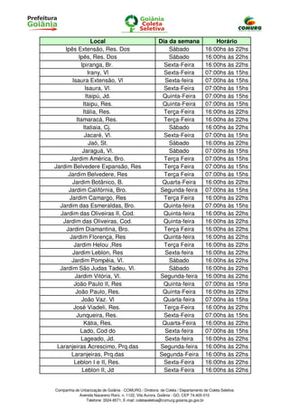 Local                                   Dia da semana                  Horário
    Ipês Extensão, Res. Dos                                  Sábado                 16:00hs às 22hs
          Ipês, Res. Dos                                     Sábado                 16:00hs às 22hs
           Ipiranga, Br.                                   Sexta-Feira              16:00hs às 22hs
               Irany, Vl                                   Sexta-Feira              07:00hs às 15hs
       Isaura Extensão, Vl                                 Sexta-feira              07:00hs às 15hs
              Isaura, Vl.                                  Sexta-Feira              07:00hs às 15hs
              Itaipú, Jd.                                 Quinta-Feira              07:00hs às 15hs
             Itaipu, Res.                                 Quinta-Feira              07:00hs às 15hs
             Itália, Res.                                  Terça-Feira              16:00hs às 22hs
         Itamaracá, Res.                                   Terça-Feira              16:00hs às 22hs
             Itatiaia, Cj.                                   Sábado                 16:00hs às 22hs
              Jacaré, Vl.                                  Sexta-Feira              07:00hs às 15hs
                Jaó, St.                                     Sábado                 16:00hs às 22hs
            Jaraguá, Vl.                                     Sábado                 07:00hs às 15hs
      Jardim América, Bro.                                 Terça Feira              07:00hs às 15hs
Jardim Belvedere Expansão, Res                             Terça Feira              07:00hs às 15hs
     Jardim Belvedere, Res                                 Terça Feira              07:00hs às 15hs
       Jardim Botânico, B.                                Quarta-Feira              16:00hs às 22hs
     Jardim Califórnia, Bro.                             Segunda-feira              07:00hs às 15hs
      Jardim Camargo, Res                                  Terça Feira              16:00hs às 22hs
  Jardim das Esmeraldas, Bro.                             Quinta-feira              07:00hs às 15hs
  Jardim das Oliveiras II, Cod.                           Quinta-feira              16:00hs às 22hs
   Jardim das Oliveiras, Cod.                             Quinta-feira              16:00hs às 22hs
    Jardim Diamantina, Bro.                                Terça Feira              16:00hs às 22hs
      Jardim Florença, Res                                Quinta-feira              16:00hs às 22hs
        Jardim Helou ,Res                                  Terça Feira              16:00hs às 22hs
       Jardim Leblon, Res                                  Sexta-feira              16:00hs às 22hs
       Jardim Pompéia, Vl.                                   Sábado                 16:00hs às 22hs
  Jardim São Judas Tadeu, Vl.                                Sábado                 16:00hs às 22hs
        Jardim Vitória, Vl.                              Segunda-feira              16:00hs às 22hs
        João Paulo II, Res                                Quinta-feira              07:00hs às 15hs
         João Paulo, Res.                                 Quinta-Feira              16:00hs às 22hs
            João Vaz. Vl                                  Quarta-feira              07:00hs às 15hs
        José Viadeli, Res.                                 Terça-Feira              16:00hs às 22hs
         Junqueira, Res.                                   Sexta-Feira              07:00hs às 15hs
             Kátia, Res.                                  Quarta-Feira              16:00hs às 22hs
           Lado, Cod do                                    Sexta-feira              07:00hs às 15hs
           Lageado, Jd.                                    Sexta-feira              16:00hs às 22hs
 Laranjeiras Acrescimo, Prq.das                          Segunda-feira              16:00hs às 22hs
       Laranjeiras, Prq.das                              Segunda-Feira              16:00hs às 22hs
        Leblon I e II, Res.                                Sexta-Feira              16:00hs às 22hs
            Leblon II, Jd                                  Sexta-Feira              16:00hs às 22hs


Companhia de Urbanização de Goiânia - COMURG / Diretoria de Coleta / Departamento de Coleta Seletiva
            Avenida Nazareno Roriz, n. 1122, Vila Aurora, Goiânia - GO, CEP 74.405-010
                Telefone: 3524-8571; E-mail: coletaseletiva@comurg.goiania.go.gov.br
 