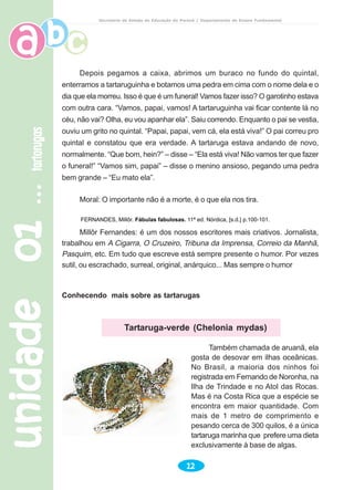 unidade01unidade01unidade01unidade01unidade01tartarugastartarugastartarugastartarugastartarugas
12
Secretaria de Estado da Educação do Paraná / Departamento de Ensino Fundamental
Depois pegamos a caixa, abrimos um buraco no fundo do quintal,
enterramos a tartaruguinha e botamos uma pedra em cima com o nome dela e o
dia que ela morreu. Isso é que é um funeral! Vamos fazer isso? O garotinho estava
com outra cara. “Vamos, papai, vamos! A tartaruguinha vai ficar contente lá no
céu, não vai? Olha, eu vou apanhar ela”. Saiu correndo. Enquanto o pai se vestia,
ouviu um grito no quintal. “Papai, papai, vem cá, ela está viva!” O pai correu pro
quintal e constatou que era verdade. A tartaruga estava andando de novo,
normalmente. “Que bom, hein?” – disse – “Ela está viva! Não vamos ter que fazer
o funeral!” “Vamos sim, papai” – disse o menino ansioso, pegando uma pedra
bem grande – “Eu mato ela”.
Moral: O importante não é a morte, é o que ela nos tira.
FERNANDES, Millôr. Fábulas fabulosas. 11ª ed. Nórdica, [s.d.] p.100-101.
Millôr Fernandes: é um dos nossos escritores mais criativos. Jornalista,
trabalhou em A Cigarra, O Cruzeiro, Tribuna da Imprensa, Correio da Manhã,
Pasquim, etc. Em tudo que escreve está sempre presente o humor. Por vezes
sutil, ou escrachado, surreal, original, anárquico... Mas sempre o humor
Conhecendo mais sobre as tartarugas
Também chamada de aruanã, ela
gosta de desovar em ilhas oceânicas.
No Brasil, a maioria dos ninhos foi
registrada em Fernando de Noronha, na
Ilha de Trindade e no Atol das Rocas.
Mas é na Costa Rica que a espécie se
encontra em maior quantidade. Com
mais de 1 metro de comprimento e
pesando cerca de 300 quilos, é a única
tartaruga marinha que prefere uma dieta
exclusivamente à base de algas.
Tartaruga-verde (Chelonia mydas)
 