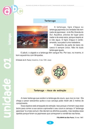 unidade01unidade01unidade01unidade01unidade01tartarugastartarugastartarugastartarugastartarugas
16
Secretaria de Estado da Educação do Paraná / Departamento de Ensino Fundamental
A tartaruga, tigre d’água ou
tartaruga japonesa (na verdade não tem
nada de japonesa) é do Rio Grande do
Sul. Aquática, precisa de lugar para
nadar e de areia seca, porque respira ar
e não água. O tigre d’água é verde-
amarelo, sua pata é uma nadadeira.
O desenho da parte de baixo do
casco é sempre único. Não há duas
tartarugas iguais.
O jabuti, o cágado e a tartaruga têm sangue frio. Por isso, no inverno, é
bom aquecê-los com lâmpadas.
O Estado de S. Paulo, Estadinho, 9 dez.1990. adapt.
Tartaruga
A maior tartaruga que existe é a tartaruga-de-couro, que vive no mar. Ela
chega a pesar seiscentos quilos e sua carcaça pode medir até 2 metros de
comprimento.
Essa espécie está ameaçada de extinção. Isso porque o homem caça esse
bicho para comer a sua carne e aproveitar o seu couro e carcaça. A “tartaruga
japonesa” é a mais comum. Ela não tem os olhinhos puxados, mas recebeu esse
apelido porque foram os japoneses que começaram a vendê-las nas feiras.
FOLHINHA de São Paulo, 15 mar. 1987.
Tartaruga - risco de extinção
 