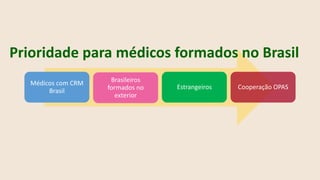 Médicos com CRM
Brasil
Brasileiros
formados no
exterior
Estrangeiros Cooperação OPAS
Prioridade para médicos formados no Brasil
 