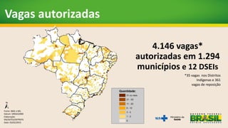 Vagas autorizadas
4.146 vagas*
autorizadas em 1.294
municípios e 12 DSEIs
Fonte: IBGE e MS.
Datum: SIRGAS2000
Elaboração:
MS/SGTES/DEPREPS
Data: 03/02/2015
*35 vagas nos Distritos
Indígenas e 361
vagas de reposição
 