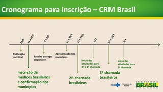Escolha de vagas
disponíveis
Inscrição de
médicos brasileiros
formados no exterior
Cronograma para inscrição – brasileiros...