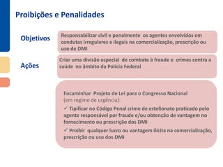 Objetivos
Ações
Proibições e Penalidades
Responsabilizar civil e penalmente os agentes envolvidos em
condutas irregulares e ilegais na comercialização, prescrição ou
uso de DMI
Criar uma divisão especial de combate à fraude e crimes contra a
saúde no âmbito da Polícia Federal
Encaminhar Projeto de Lei para o Congresso Nacional
(em regime de urgência):
 Tipificar no Código Penal crime de estelionato praticado pelo
agente responsável por fraude e/ou obtenção de vantagem no
fornecimento ou prescrição dos DMI
 Proibir qualquer lucro ou vantagem ilícita na comercialização,
prescrição ou uso dos DMI
 