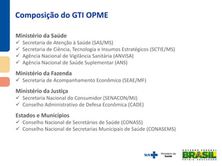 Ministério da Saúde
 Secretaria de Atenção à Saúde (SAS/MS)
 Secretaria de Ciência, Tecnologia e Insumos Estratégicos (SCTIE/MS)
 Agência Nacional de Vigilância Sanitária (ANVISA)
 Agência Nacional de Saúde Suplementar (ANS)
Ministério da Fazenda
 Secretaria de Acompanhamento Econômico (SEAE/MF)
Ministério da Justiça
 Secretaria Nacional do Consumidor (SENACON/MJ)
 Conselho Administrativo de Defesa Econômica (CADE)
Estados e Municípios
 Conselho Nacional de Secretários de Saúde (CONASS)
 Conselho Nacional de Secretarias Municipais de Saúde (CONASEMS)
Composição do GTI OPME
 