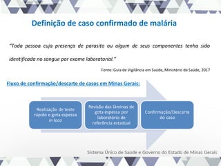 Definição de caso confirmado de malária
“Toda pessoa cuja presença de parasito ou algum de seus componentes tenha sido
identificada no sangue por exame laboratorial.”
Fonte: Guia de Vigilância em Saúde, Ministério da Saúde, 2017
Fluxo de confirmação/descarte de casos em Minas Gerais:
 