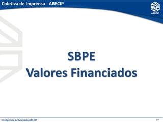 Coletiva de Imprensa - ABECIP




                           SBPE
                    Valores Financiados


Inteligência de Mercado ABECIP            19
 