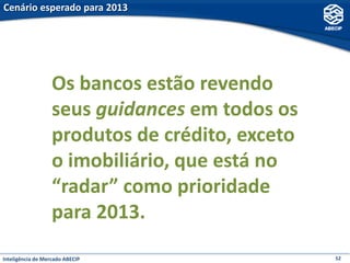 Cenário esperado para 2013




                   Os bancos estão revendo
                   seus guidances em todos os
                   produtos de crédito, exceto
                   o imobiliário, que está no
                   “radar” como prioridade
                   para 2013.
Inteligência de Mercado ABECIP                   52
 