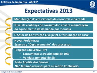 Coletiva de Imprensa - ABECIP


                                 Expectativas 2013
                   Manutenção do crescimento da economia e da renda
                   Nível de confiança do consumidor sinaliza manutenção
                   do aquecimento da demanda por moradia
                   O Setor da Construção Civil já fez a “arrumação da casa”
                   Novas Prefeituras:
                   Espera-se “Destravamento” dos processos.
                   Projeções do Secovi- SP:
                      • Lançamentos: crescimento de 10%
                      • Vendas: aumento de 5%
                   Forte Apetite dos Bancos:
                   Não faltarão recursos para o Crédito Imobiliário
Inteligência de Mercado ABECIP                                                53
 