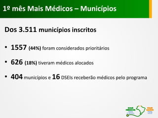Dos 3.511 municípios inscritos
• 1557 (44%) foram considerados prioritários
• 626 (18%) tiveram médicos alocados
• 404municípios e 16DSEIs receberão médicos pelo programa
1º mês Mais Médicos – Municípios
 