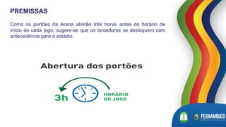 Como os portões da Arena abrirão três horas antes do horário de
início de cada jogo, sugere-se que os torcedores se desloquem com
antecedência para o estádio.
poderão embarcar no metrô
PREMISSAS
 