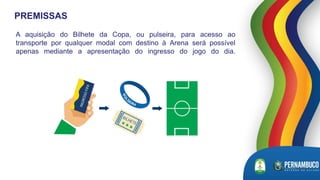 A aquisição do Bilhete da Copa, ou pulseira, para acesso ao
transporte por qualquer modal com destino à Arena será possível
apenas mediante a apresentação do ingresso do jogo do dia.
embarcar no metrô
PREMISSAS
 