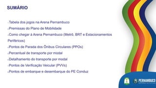 1.Tabela dos jogos na Arena Pernambuco
2.Premissas do Plano de Mobilidade
3.Como chegar à Arena Pernambuco (Metrô, BRT e Estacionamentos
Periféricos)
4.Pontos de Parada dos Ônibus Circulares (PPOs)
5.Percentual de transporte por modal
6.Detalhamento do transporte por modal
7.Pontos de Verificação Veicular (PVVs)
8.Pontos de embarque e desembarque do PE Conduz
SUMÁRIO
 
