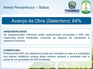 Arena Pernambuco – Status


      Avanço da Obra (Setembro): 64%

ARQUIBANCADAS
As arquibancadas inferiores estão praticamente concluídas e 50% das
superiores foram instaladas, incluindo os degraus de camarotes e
assentos Premium


COBERTURA
Praticamente 50% da cobertura já está pré-montada no solo e a instalação
dos pilares metálicos avança pelos setores sudeste e sudoeste com a
ajuda de um guindaste de 400 toneladas.
 